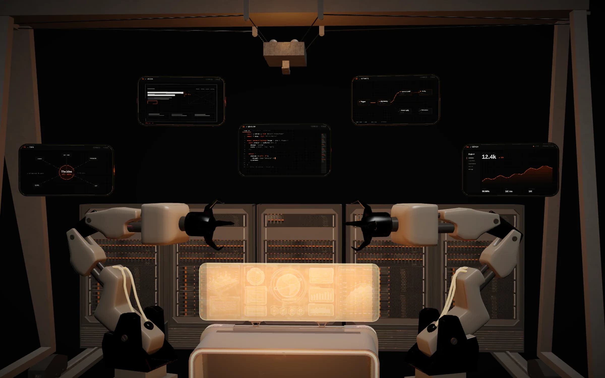 Close view of the Digital Forge: two robotic arms over the assembly bed below five floating stage screens