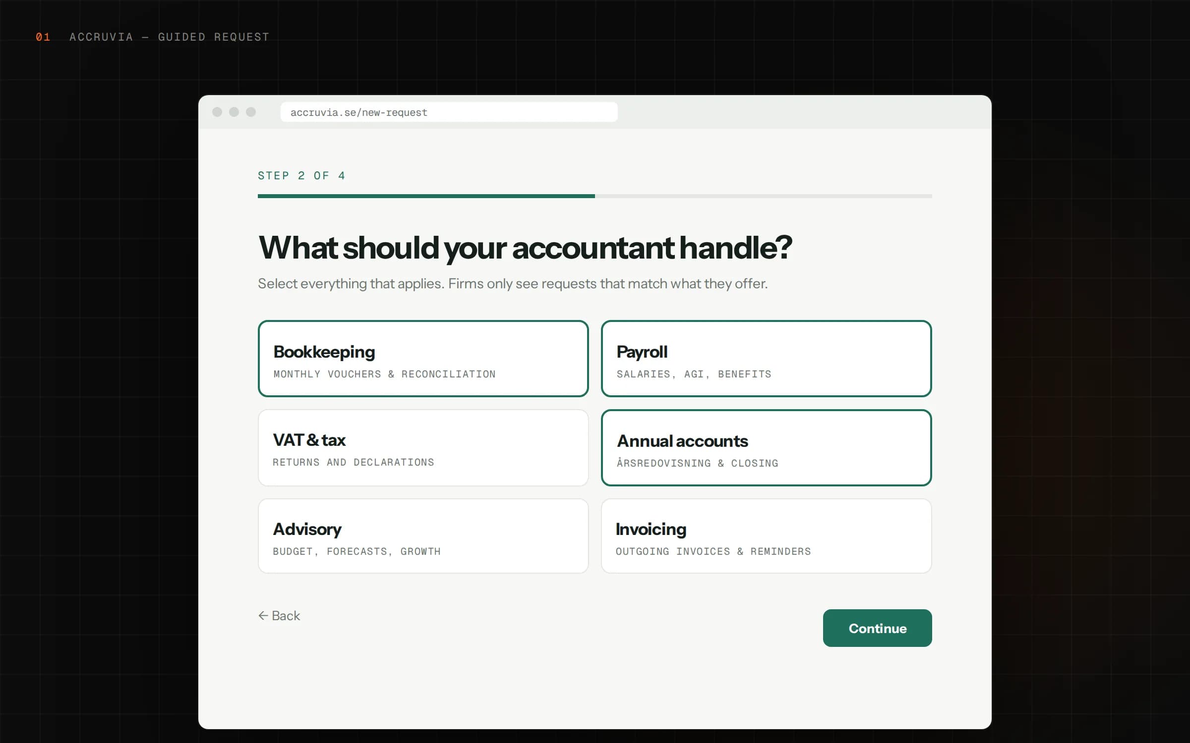 Accruvia request flow on a large screen