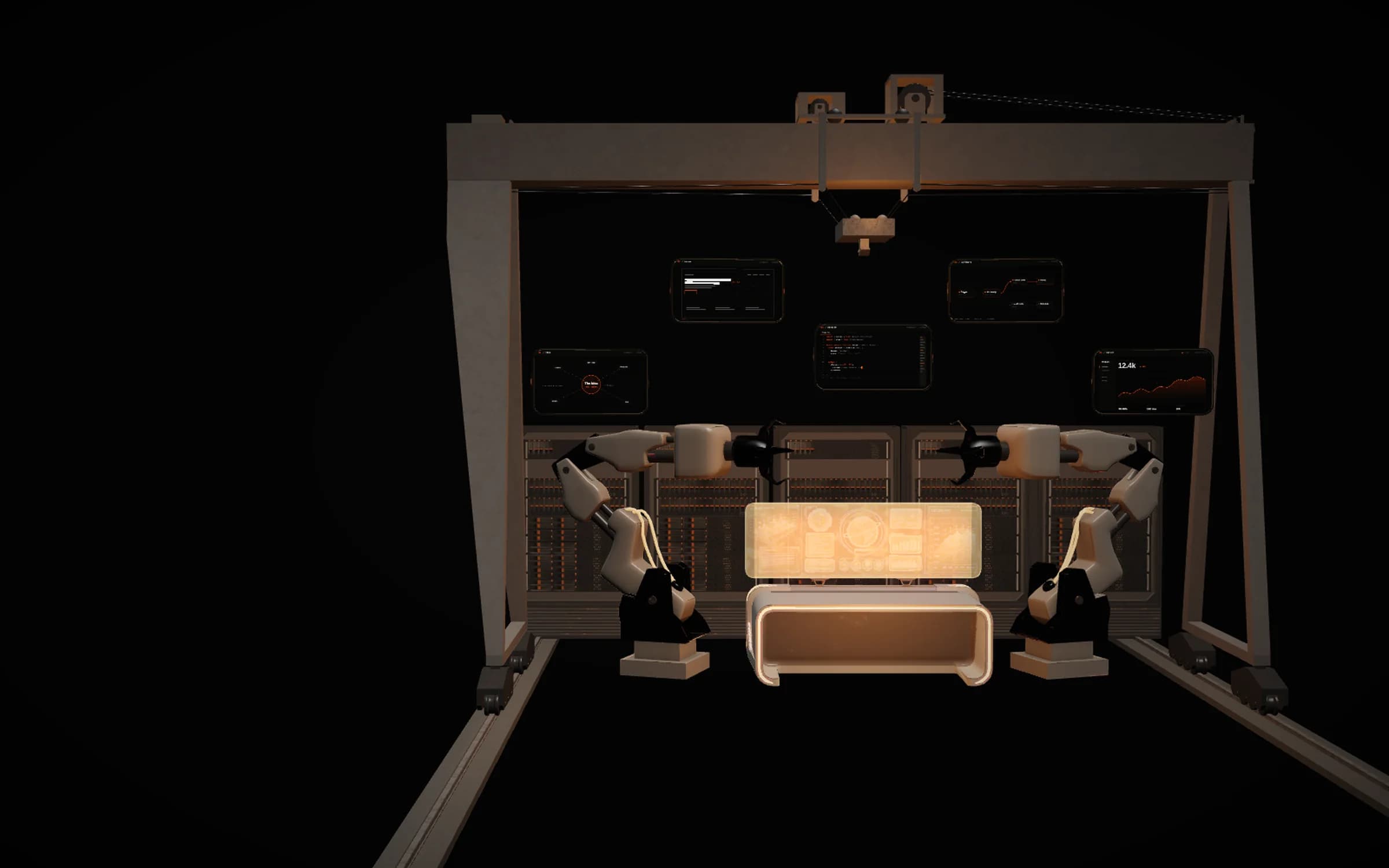 Wide view of the forge: gantry, two robotic arms, server racks and five stage screens